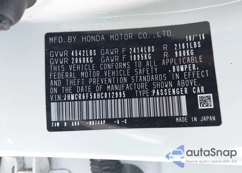2017 Honda Accord Hybrid Ex-L from USA, damaged, VIN JHMCR6F58HC012995